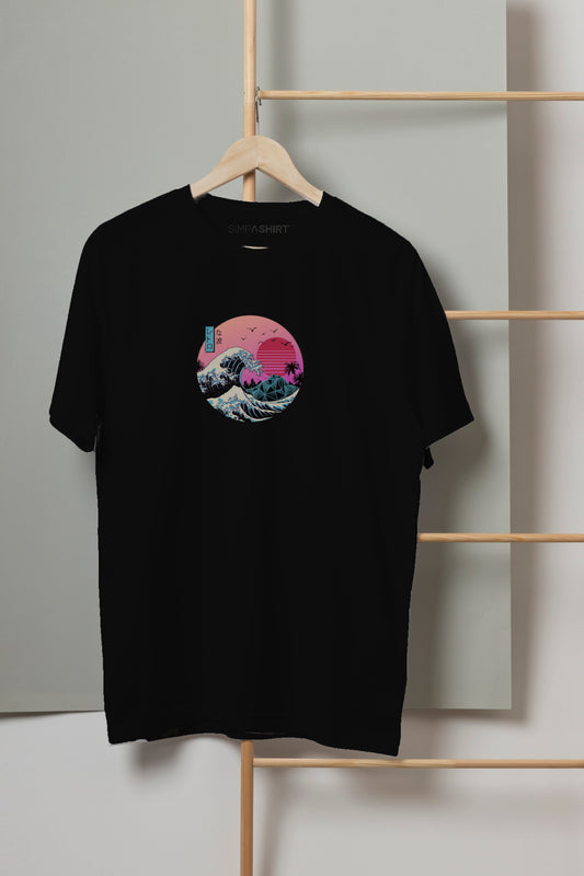 Japanese Wave Black regular fit Crew Neck Pure Cotton Unisex T-shirt
